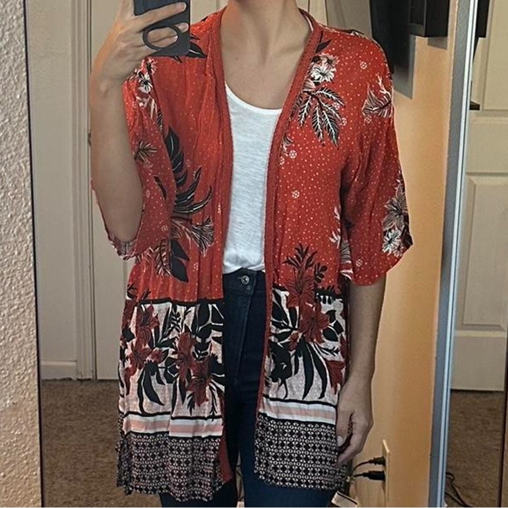 Red Floral Kimono Cardigan